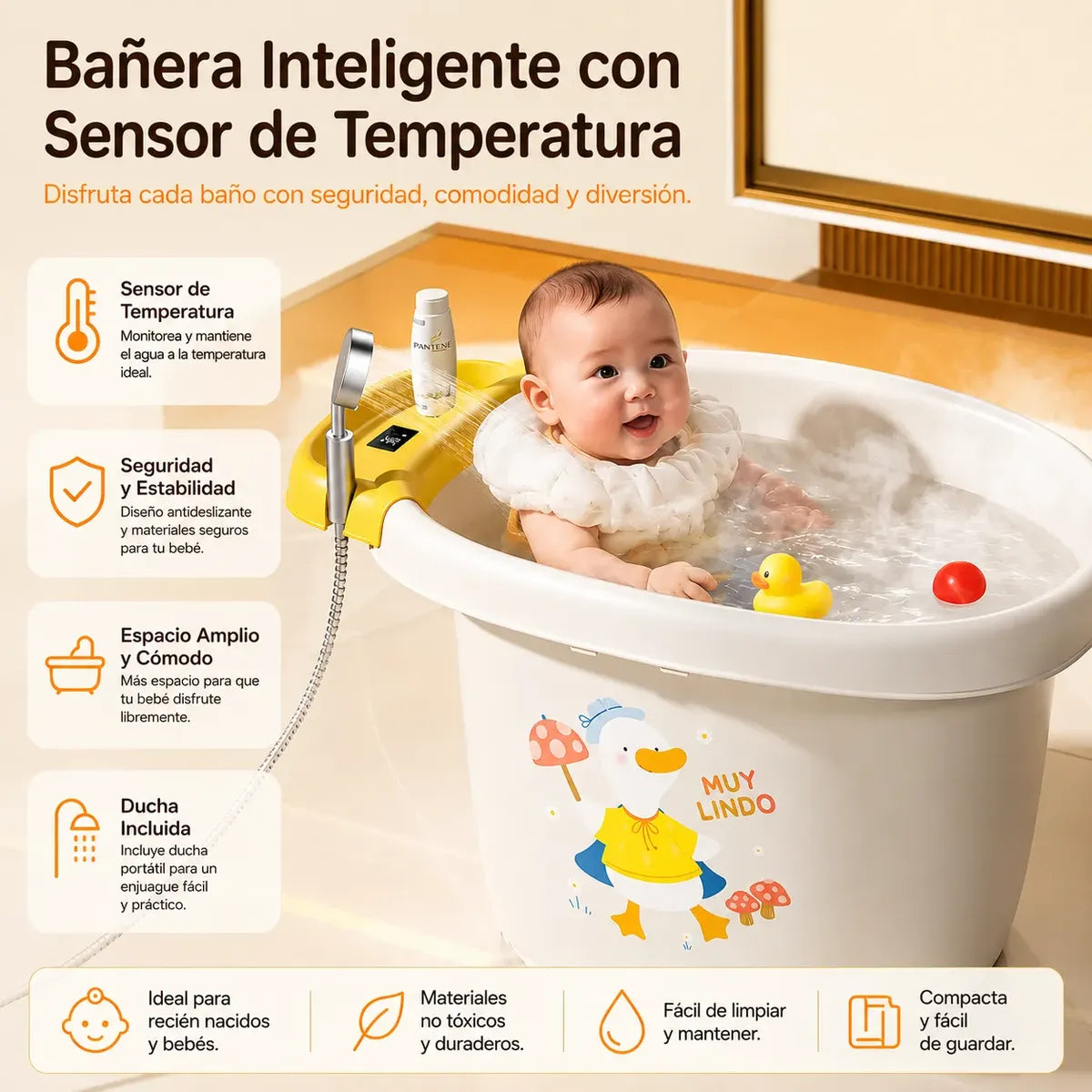 Bañera Para Bebé Con Termómetro Digital Diseño Animales Patito