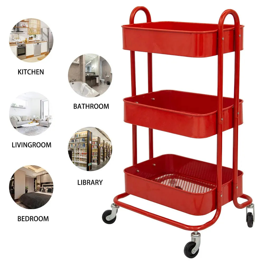 Carrito Metálico de Almacenamiento y Organización de 3 Niveles Color Rojo