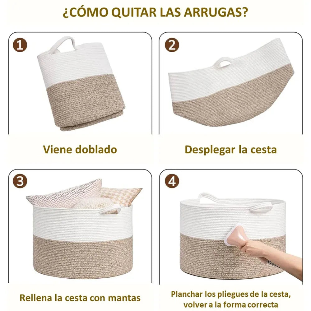 Cesta de Almacenamiento Multiusos Tejido de Algodón Color Blanco-Beige