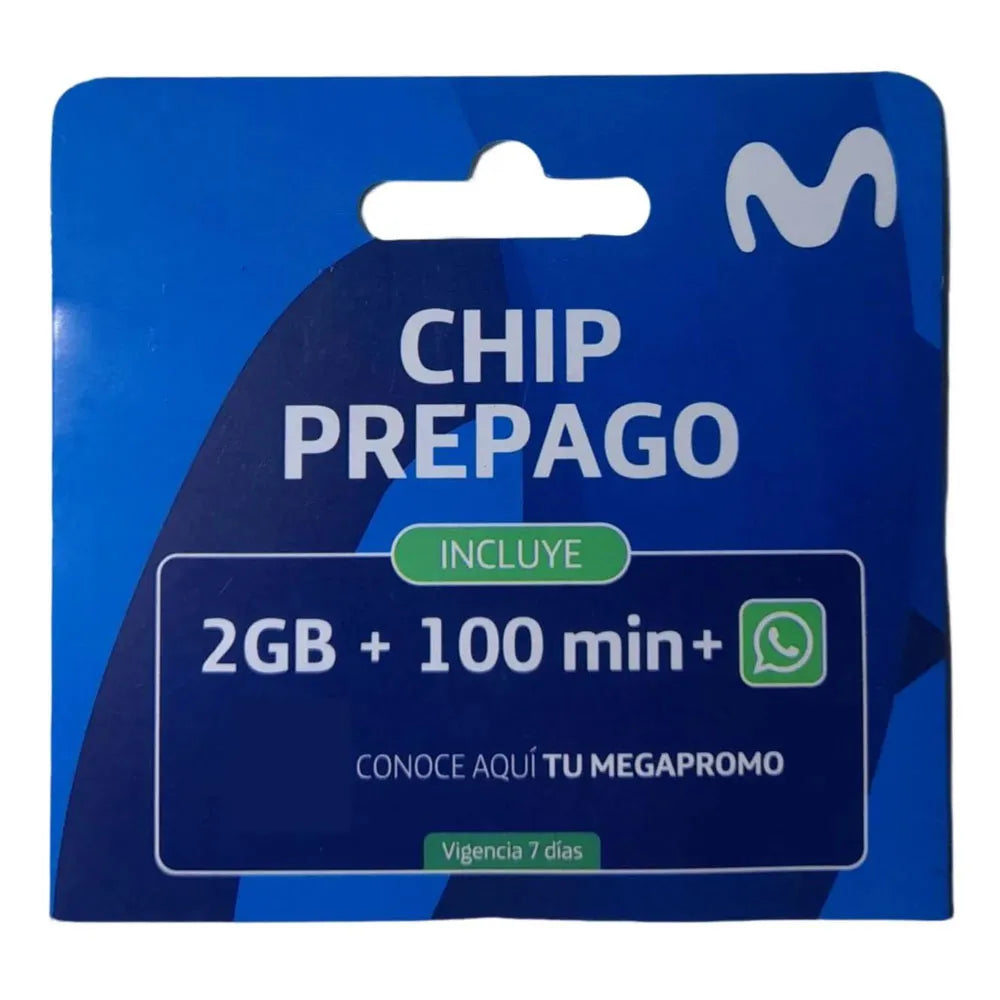 Chip Prepago Movistar 2 GB + 100 Min + WhatsApp por 7 Días