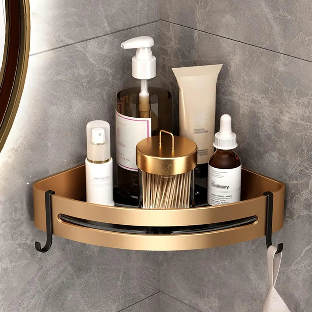 Esquinero Estante Organizador de Acero para Baños Color Negro-Dorado