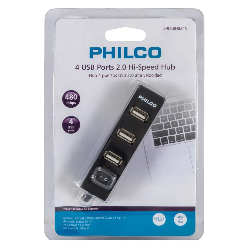 Hub USB Philco USB-A 2.0 a 4 USB-A 2.0 con Switch 29USBHB24N Negro