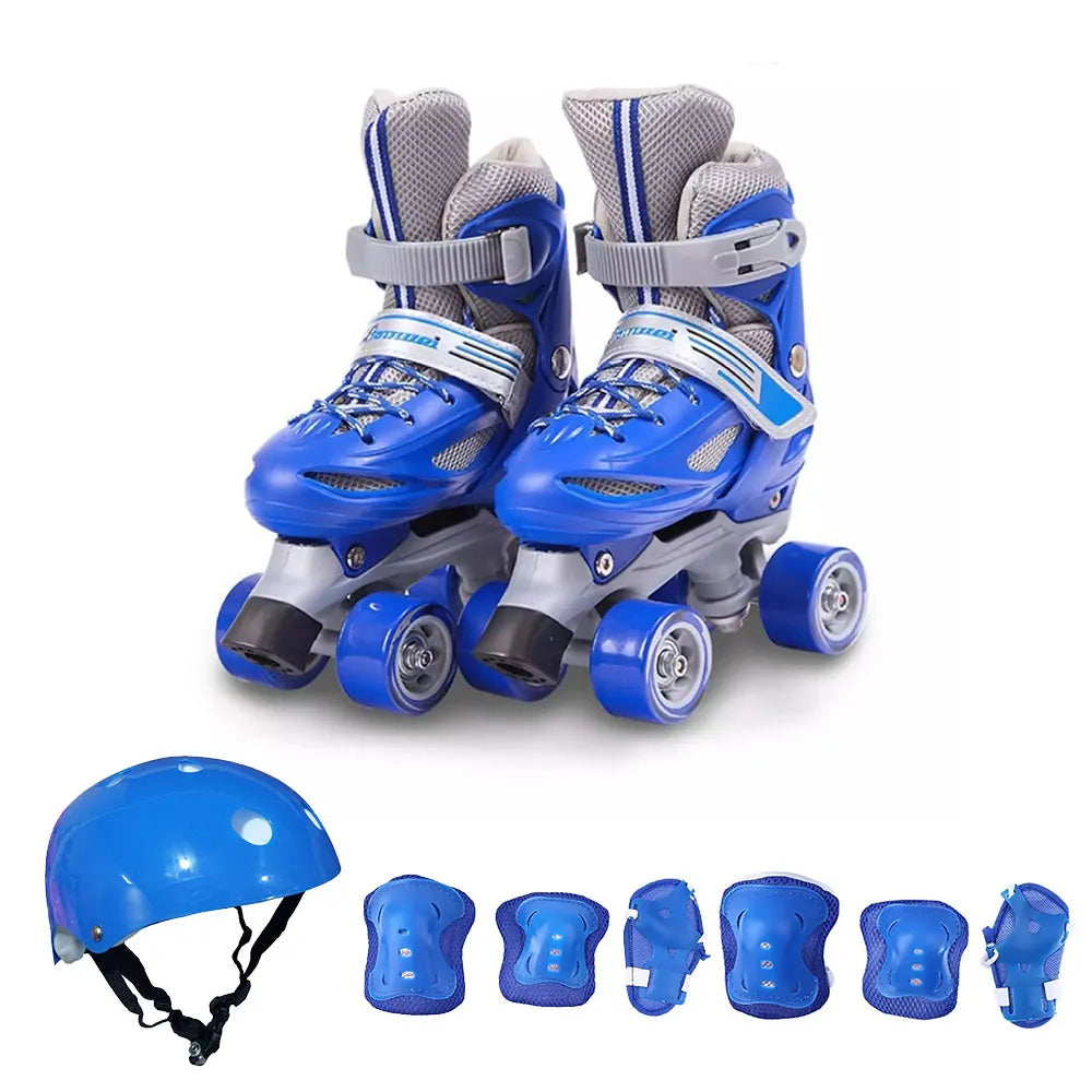 Patin Azul 4 Ruedas Ajustable + Set Protección Casco Urbano