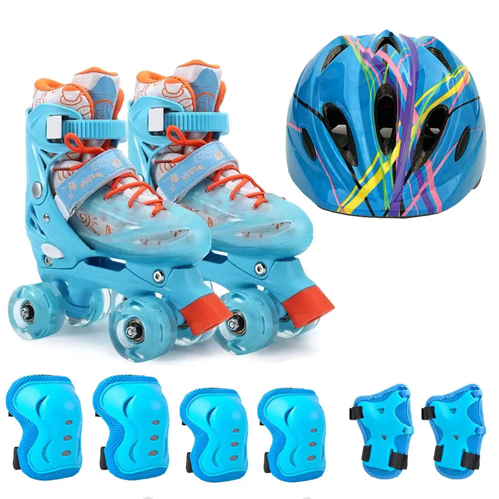 Patin Celeste-Naranja 4 Ruedas Ajustable + Set Protección Casco Sport