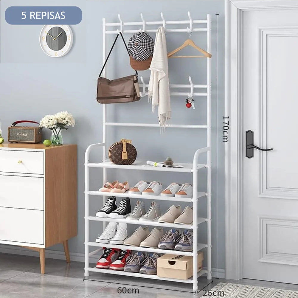 Perchero Metálico 60cm con Zapatero de 5 Niveles Color Blanco