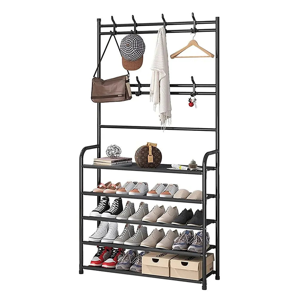 Perchero Metálico 60cm con Zapatero de 5 Niveles Color Negro