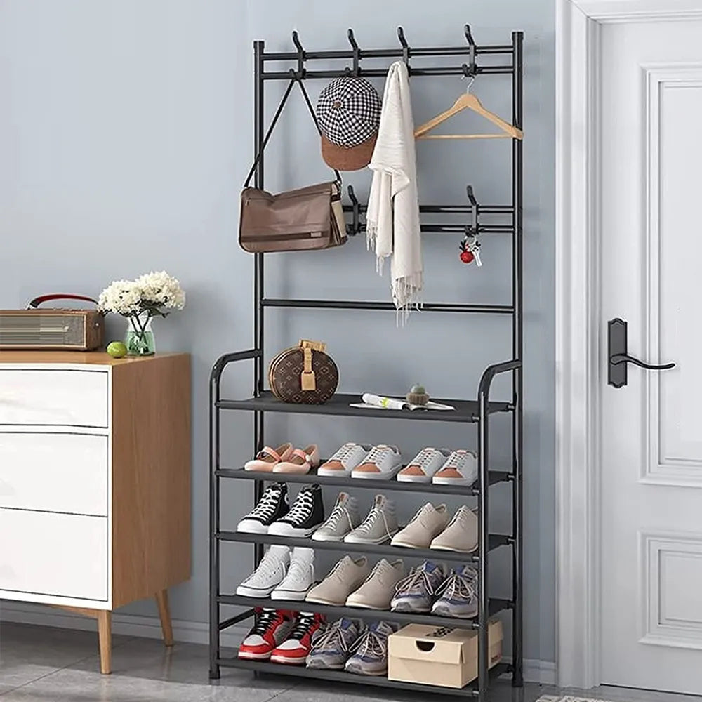 Perchero Metálico 60cm con Zapatero de 5 Niveles Color Negro