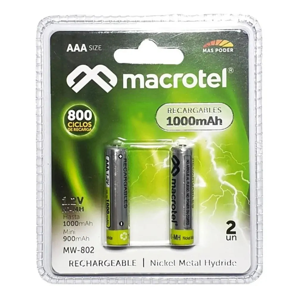 Pilas NI-MH Recargables 1.2V Macortel AAA 1000mAh MW-802 de 2 Unidades