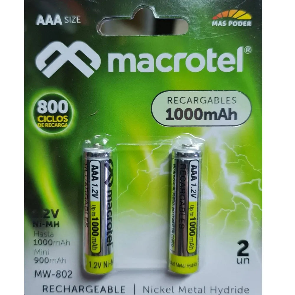 Pilas NI-MH Recargables 1.2V Macortel AAA 1000mAh MW-802 de 2 Unidades