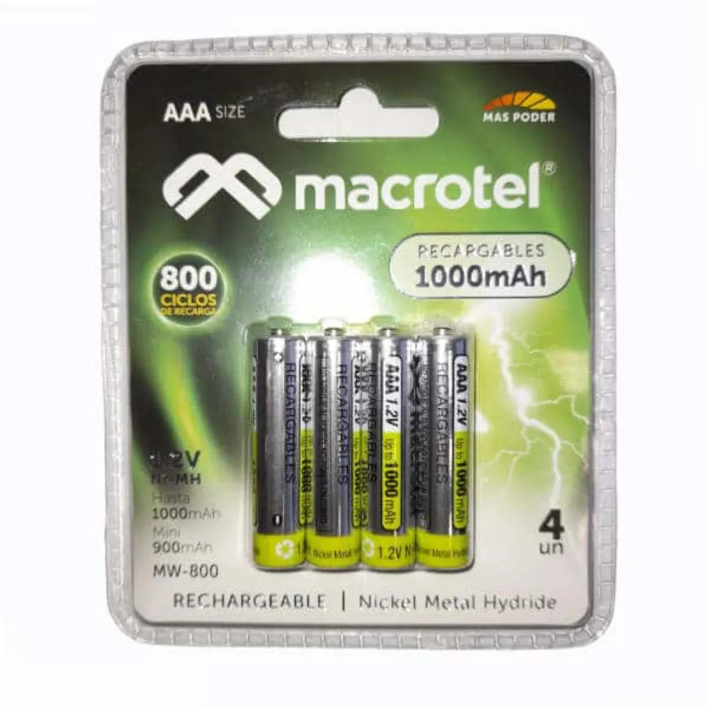 Pilas NI-MH Recargables 1.2 V Macrotel AAA 900mAh MW-800 de 4 Unidades