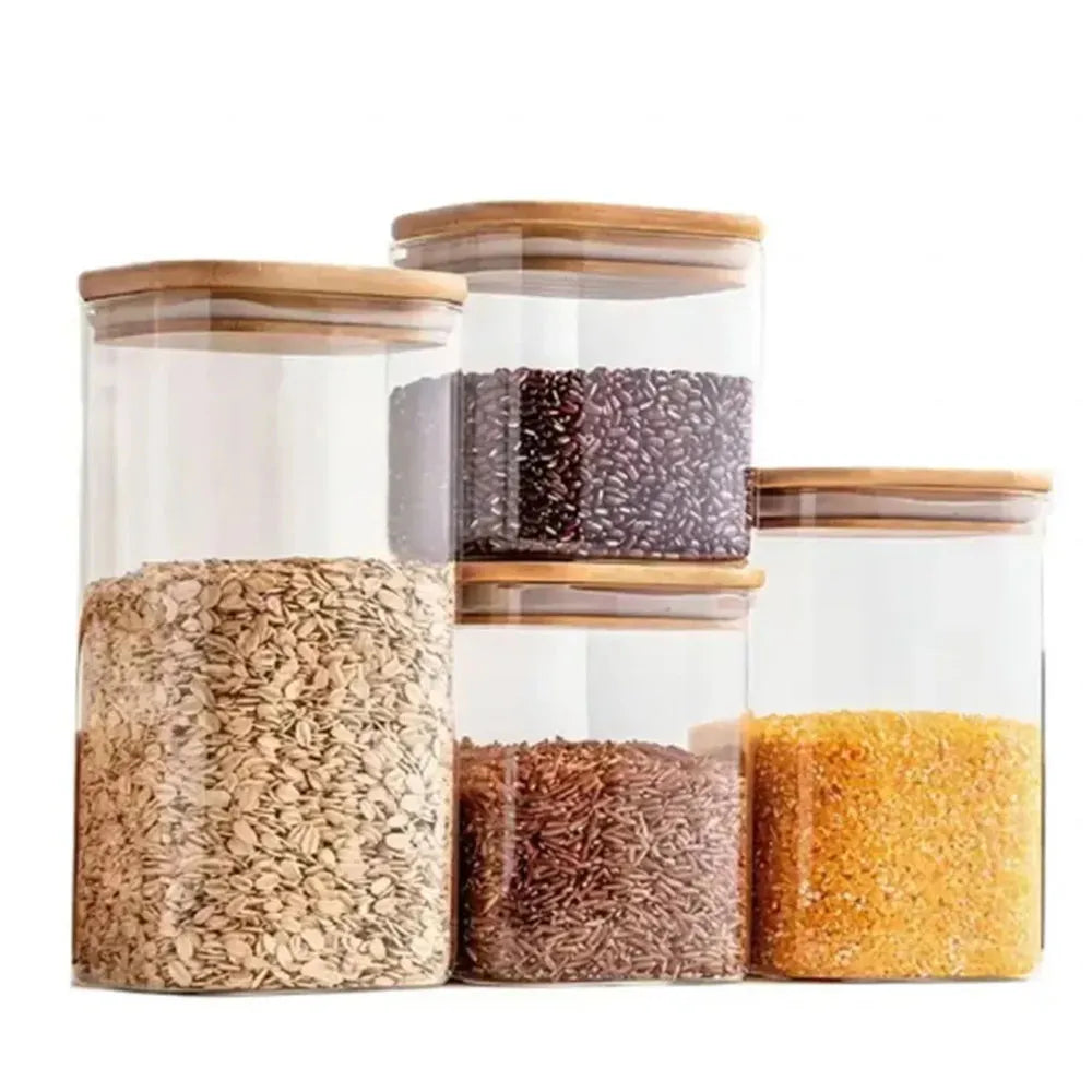 Set de Contenedores de Vidrio Hermético con Tapa de Bambú 4 Piezas