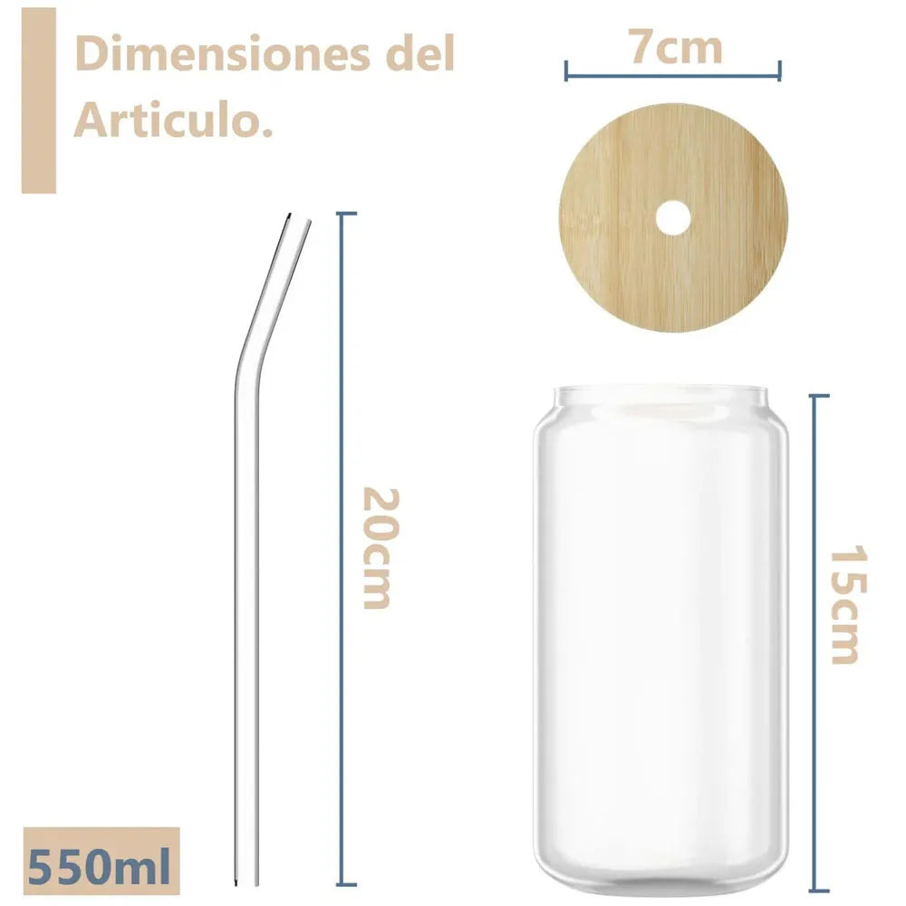 Vaso de Vidrio con Tapa de Bambu y Bombilla de 550ml