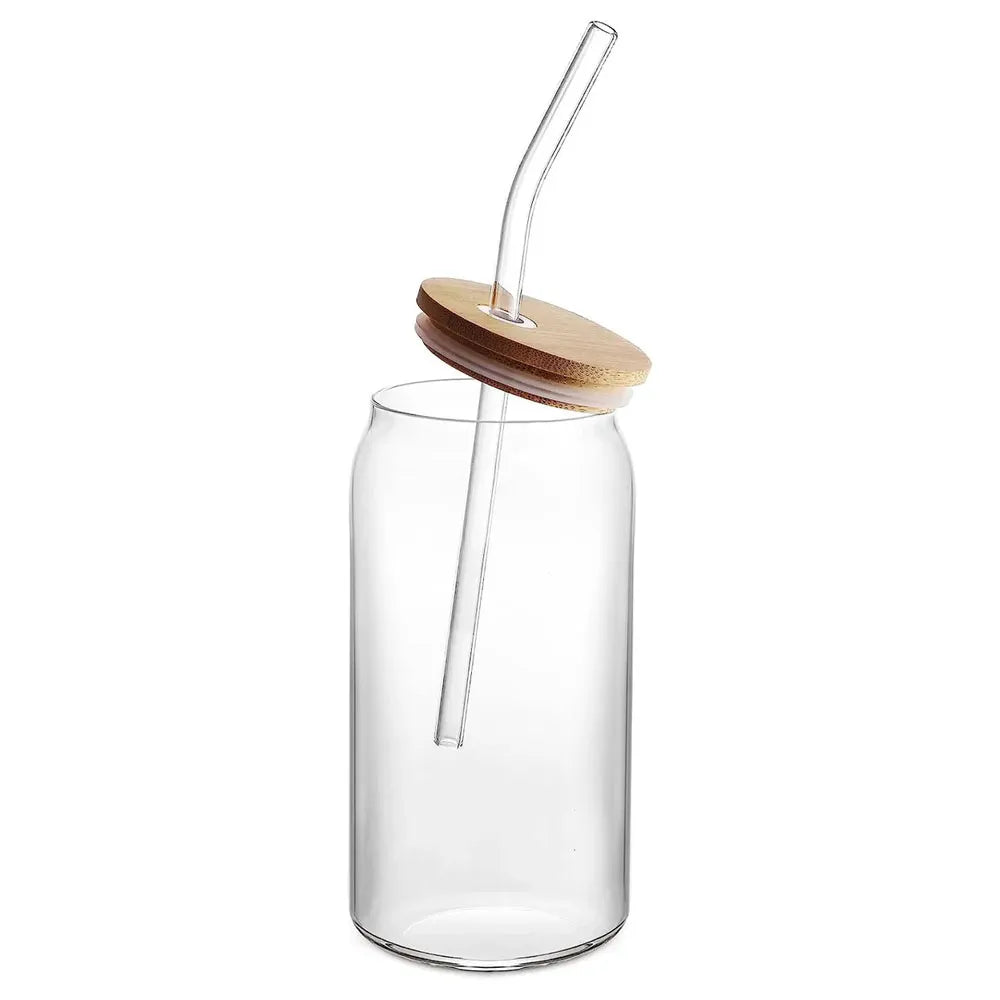 Vaso de Vidrio con Tapa de Bambu y Bombilla de 550ml