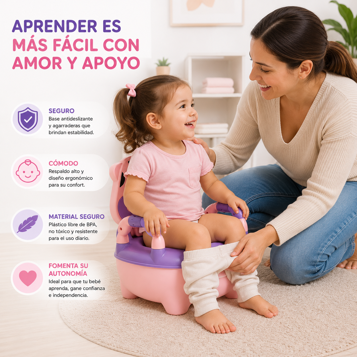 Pelela Bacinica Baño Infantil para Niños/as con Cojín de Vaquita Color Rosa