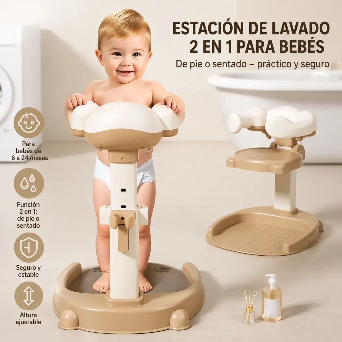 Soporte De Baño Para Bebé Con Apoyo Y Altura Ajustable Biege