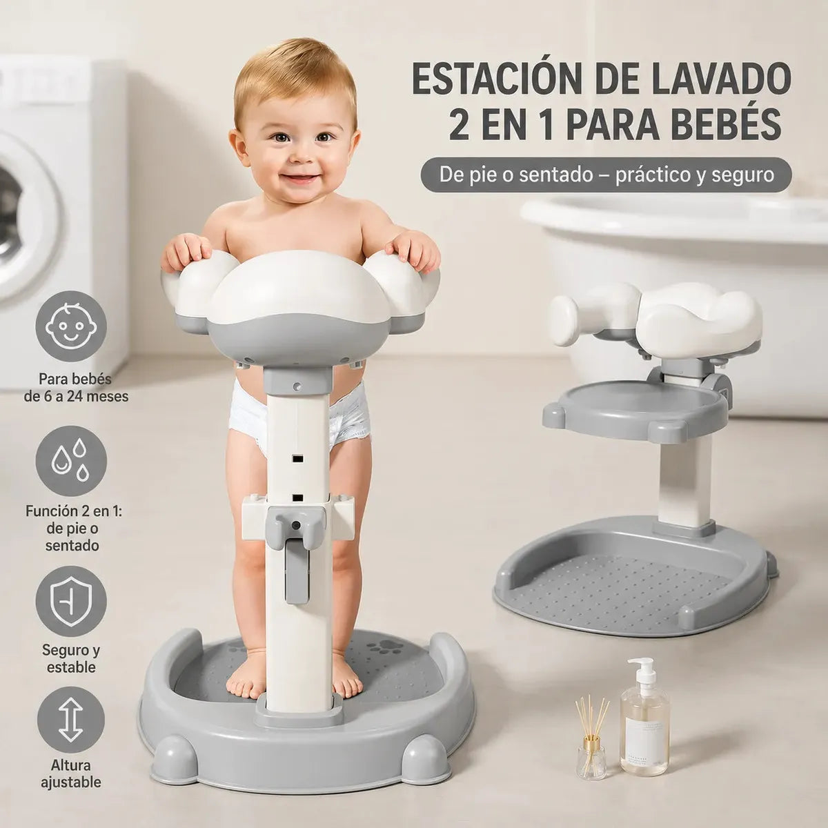 Soporte De Baño Para Bebé Con Apoyo Y Altura Ajustable Gris