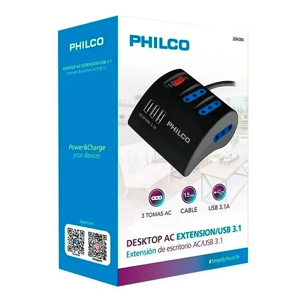 Alargador de Escritorio Philco 3P 3USB 3.1A 19PLC2043N Color Negro