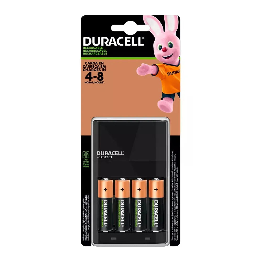 Cargador de Pilas Duracell + 4 Pilas NI-MH Recargables AA 2500mAh DX1500