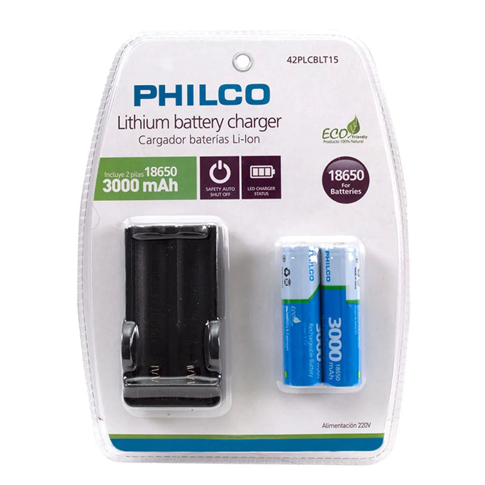 Cargador de Pilas Philco + 2 Pilas NI-MH Recargables 18650 3000mAh 42PLCBLT15