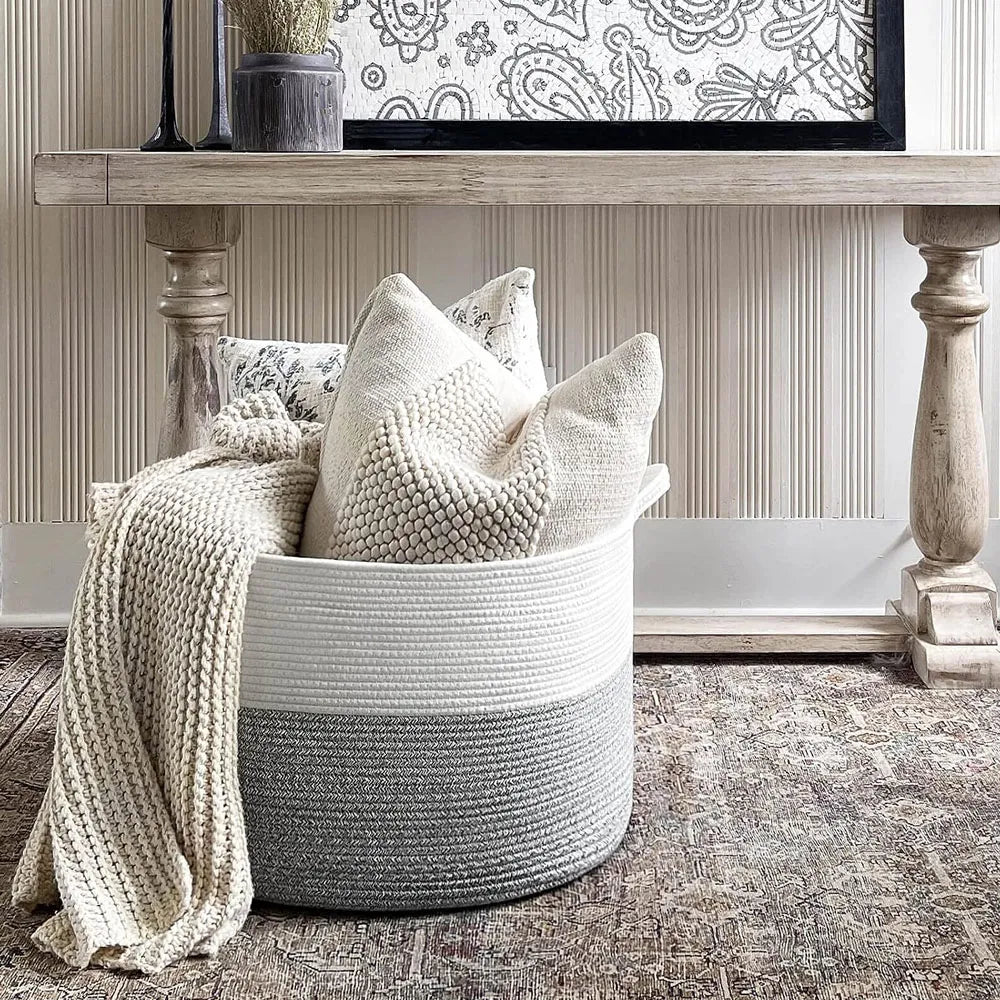 Cesta de Almacenamiento Multiusos Tejido de Algodón Color Blanco-Gris