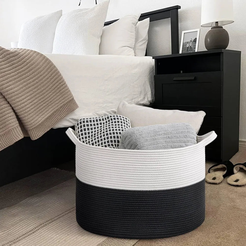 Cesta de Almacenamiento Multiusos Tejido de Algodón Color Blanco-Negro