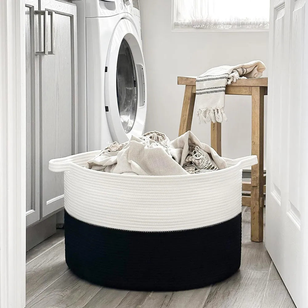 Cesta de Almacenamiento Multiusos Tejido de Algodón Color Blanco-Negro