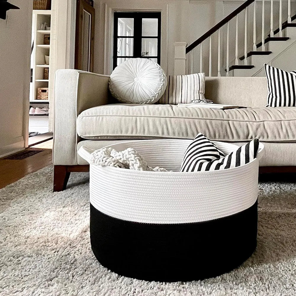 Cesta de Almacenamiento Multiusos Tejido de Algodón Color Blanco-Negro