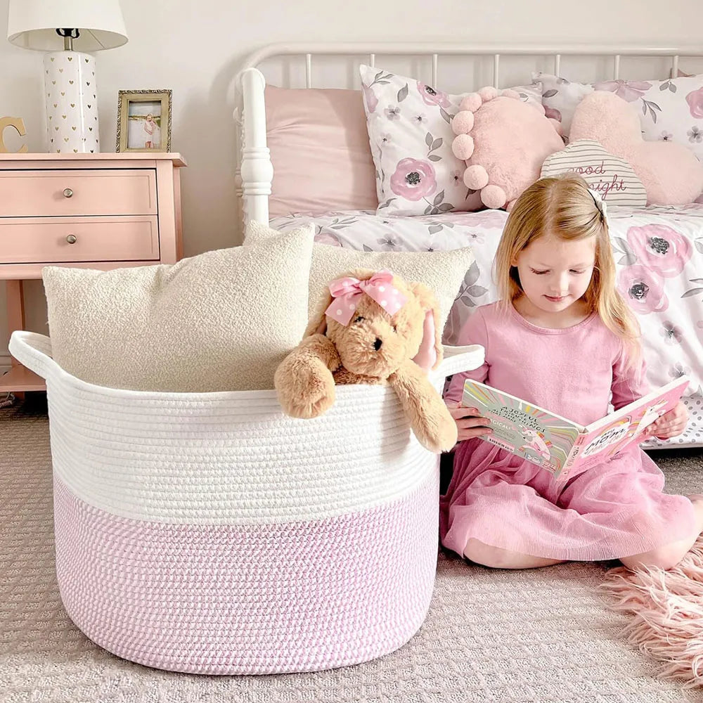 Cesta de Almacenamiento Multiusos Tejido de Algodón Color Blanco-Rosa