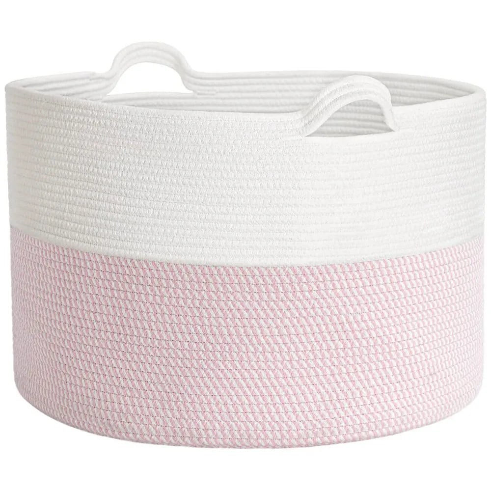 Cesta de Almacenamiento Multiusos Tejido de Algodón Color Blanco-Rosa