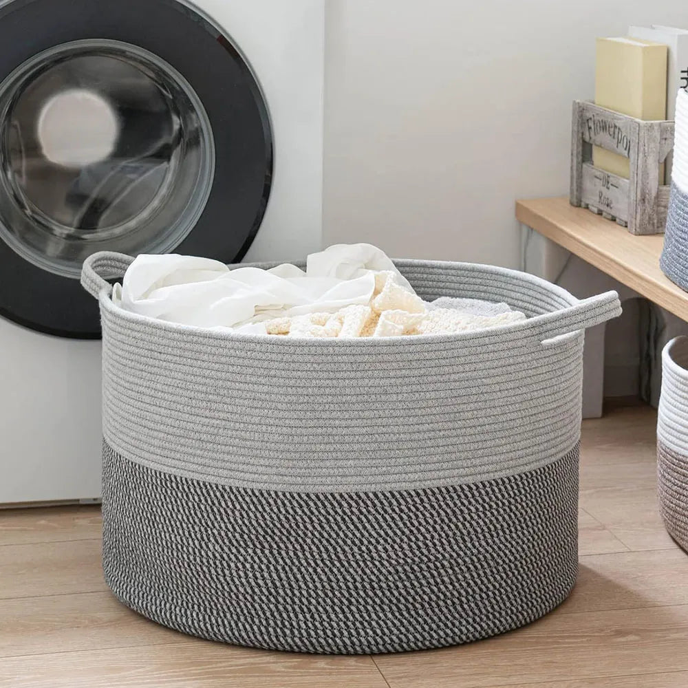 Cesta de Almacenamiento Multiusos Tejido de Algodón Color Gris Claro-Oscuro