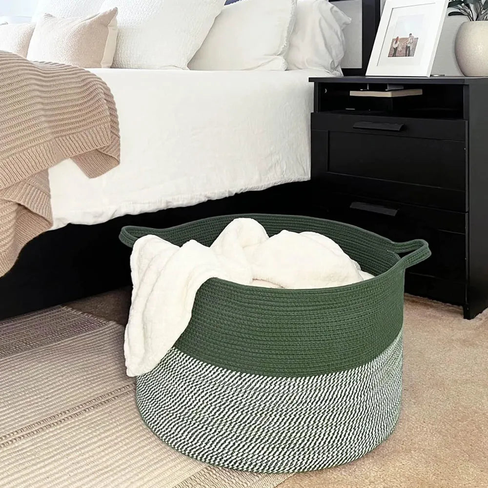 Cesta de Almacenamiento Multiusos Tejido de Algodón Color Verde-Gris