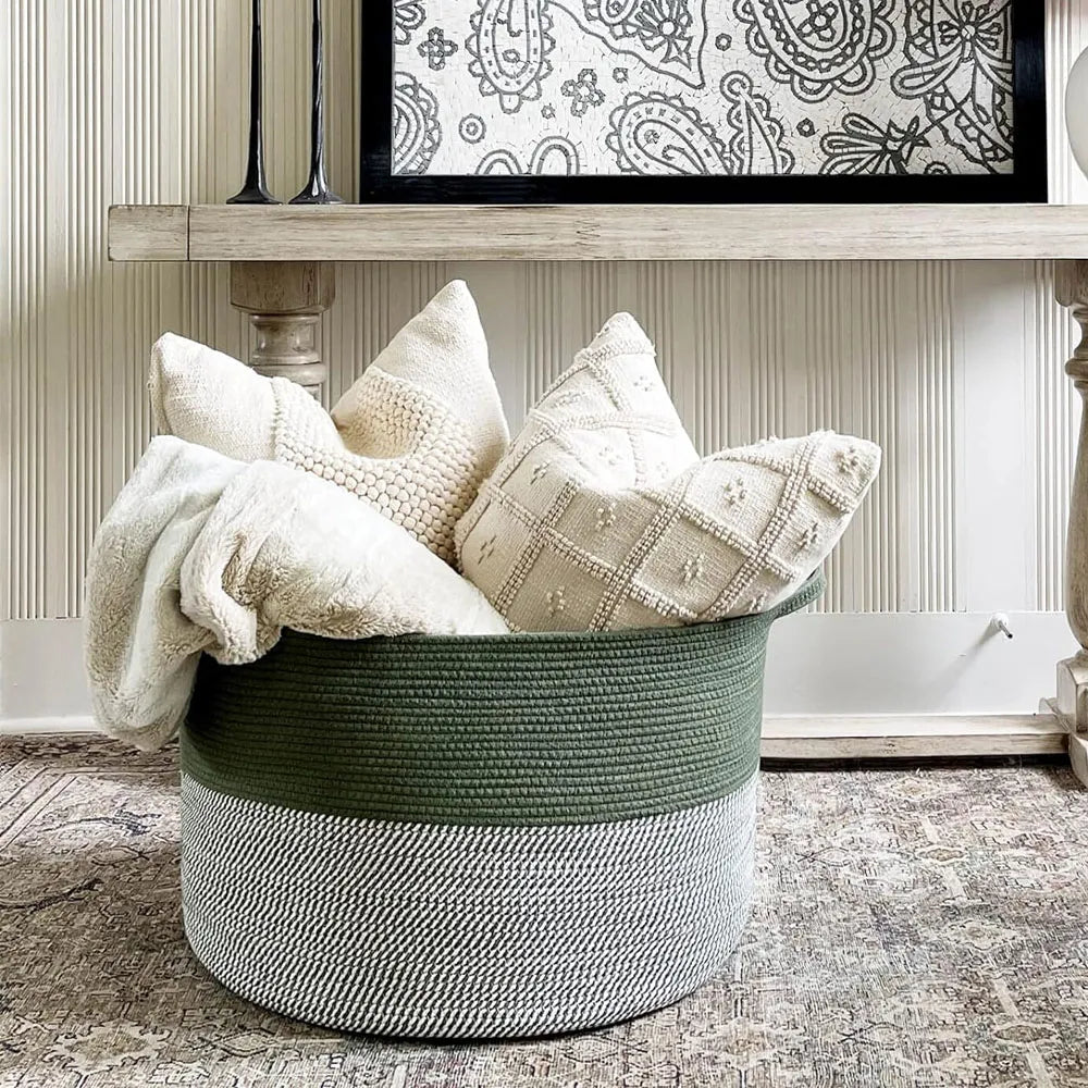 Cesta de Almacenamiento Multiusos Tejido de Algodón Color Verde-Gris