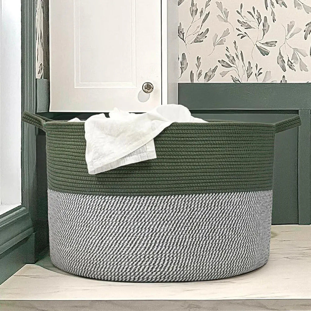Cesta de Almacenamiento Multiusos Tejido de Algodón Color Verde-Gris