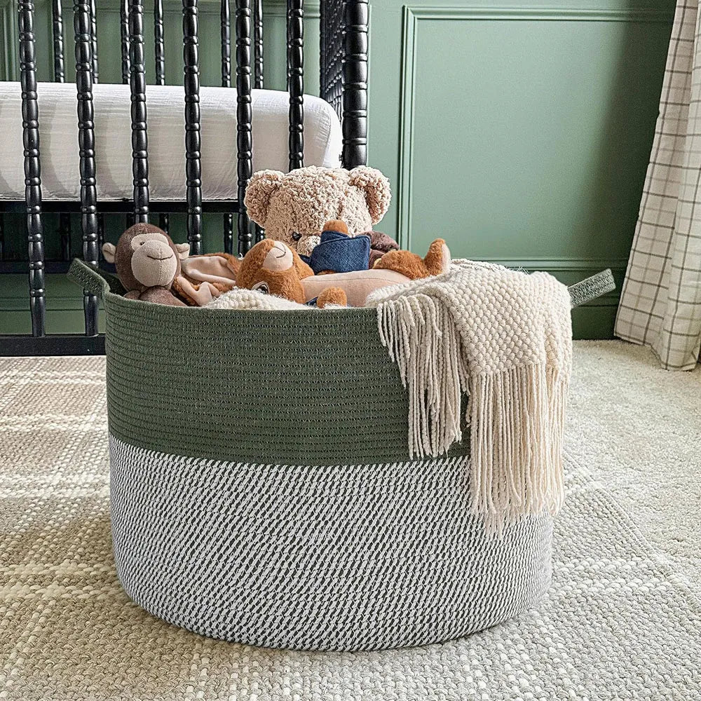Cesta de Almacenamiento Multiusos Tejido de Algodón Color Verde-Gris