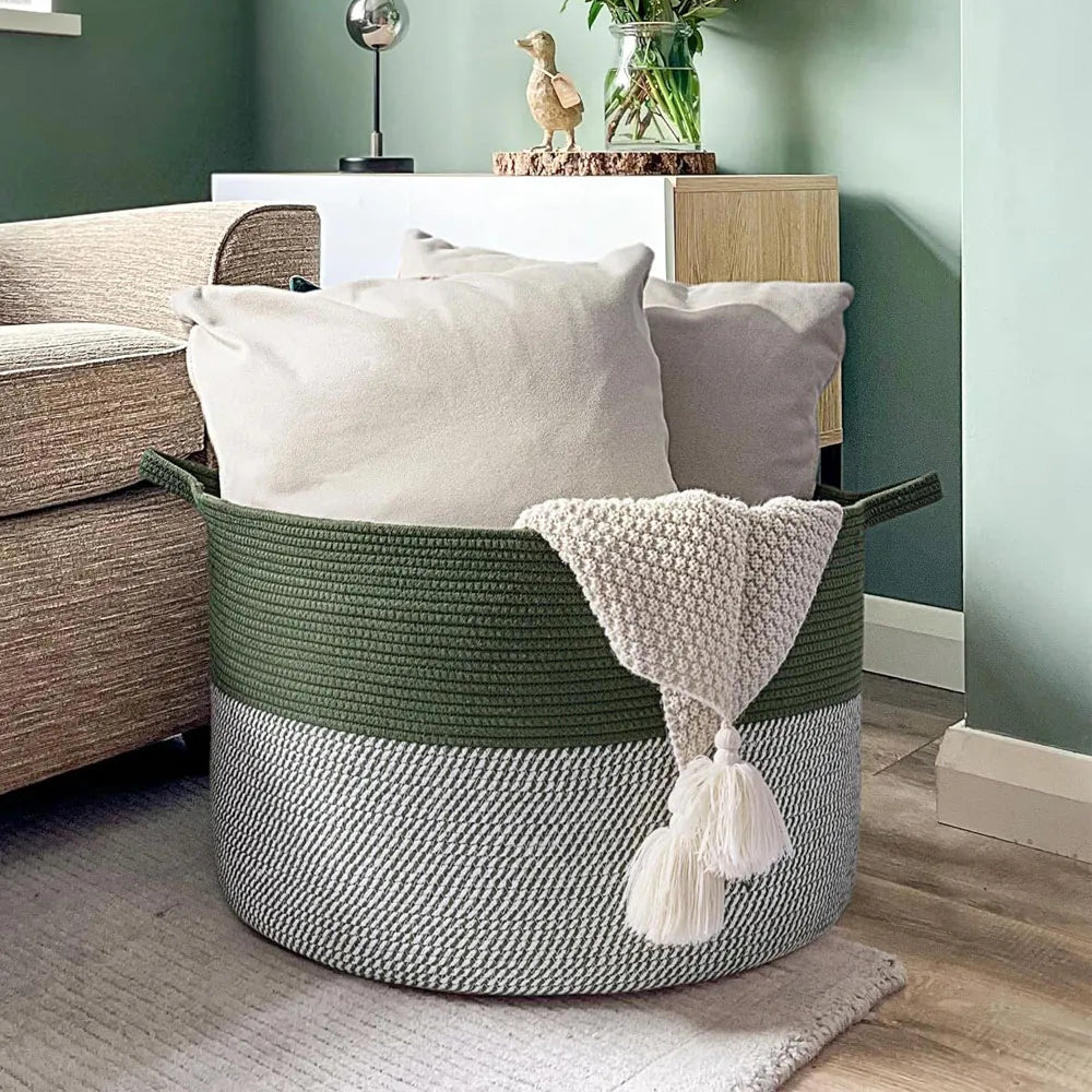 Cesta de Almacenamiento Multiusos Tejido de Algodón Color Verde-Gris