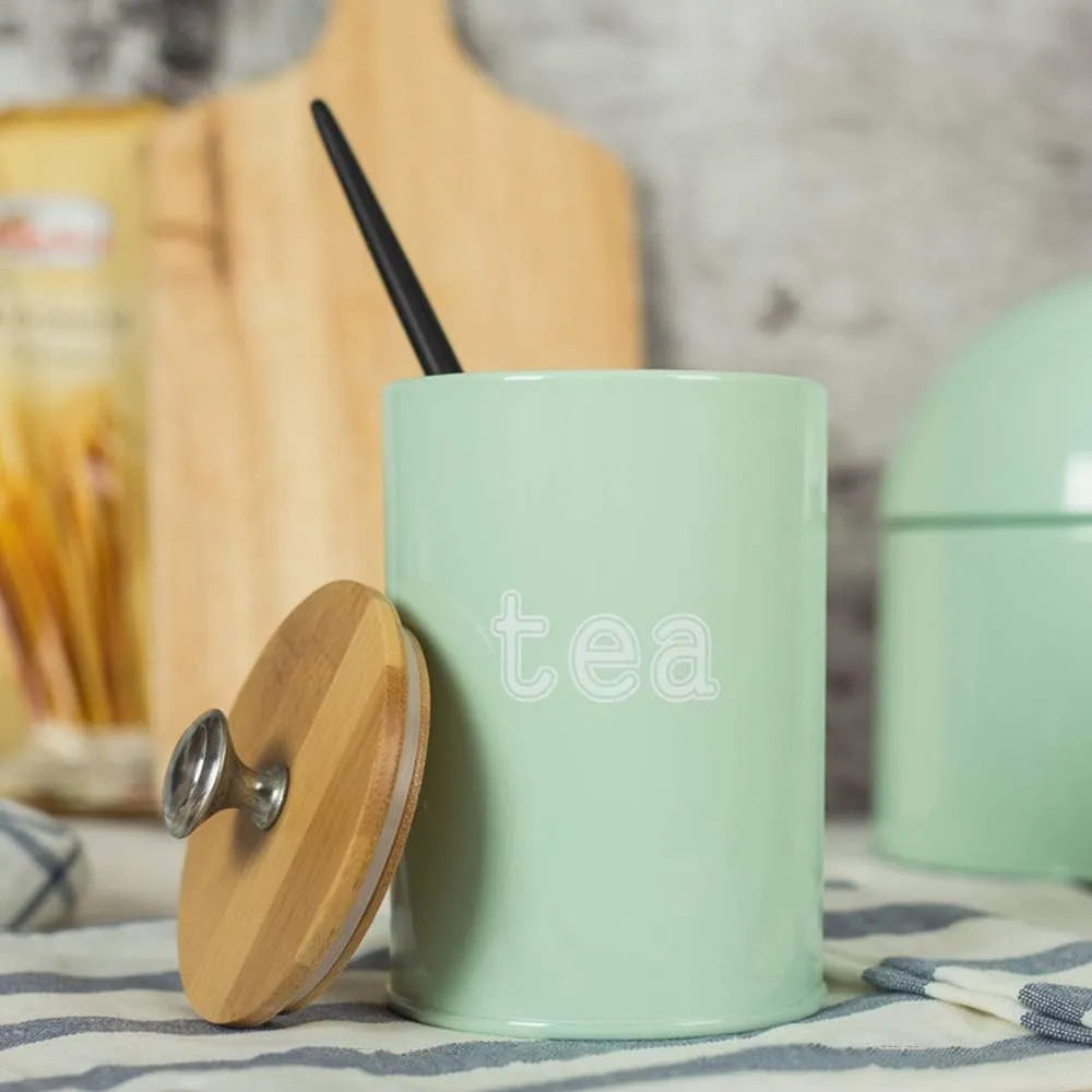 Frasco Hermético Metálico Tapa de Madera para Cocina 3 Piezas Color Verde