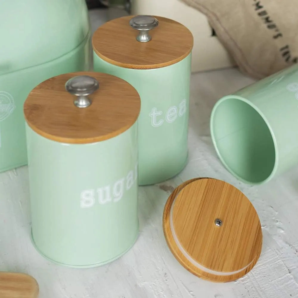 Frasco Hermético Metálico Tapa de Madera para Cocina 3 Piezas Color Verde