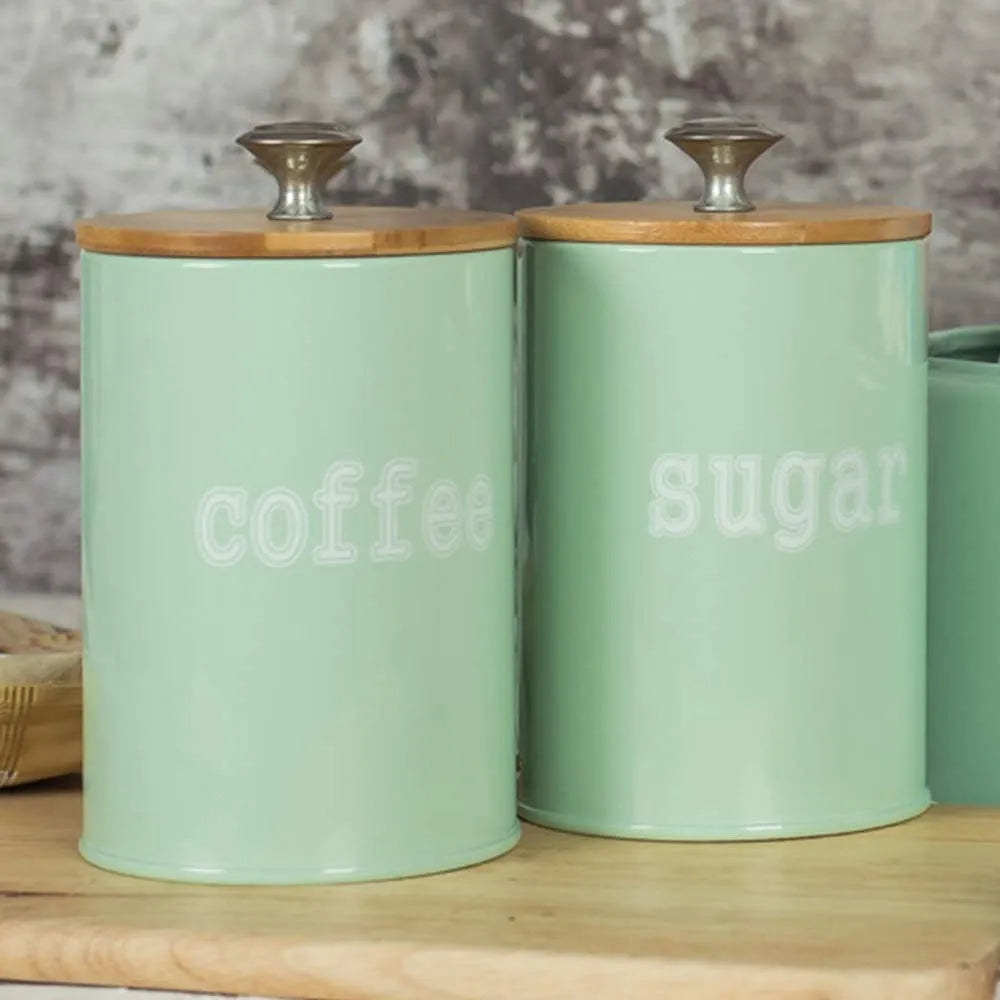 Frasco Hermético Metálico Tapa de Madera para Cocina 3 Piezas Color Verde