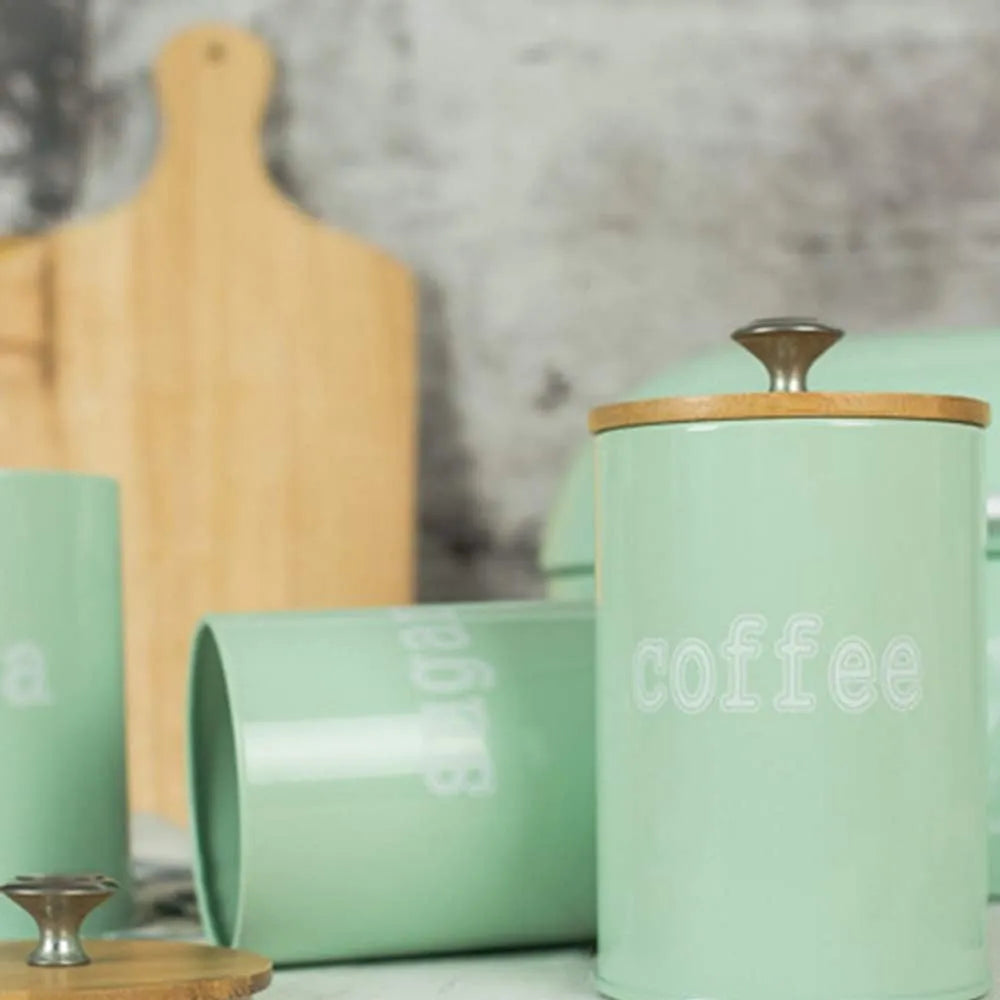 Frasco Hermético Metálico Tapa de Madera para Cocina 3 Piezas Color Verde