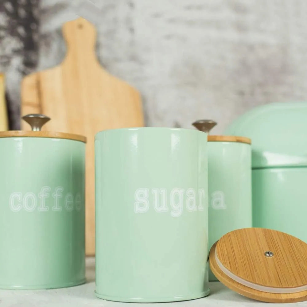 Frasco Hermético Metálico Tapa de Madera para Cocina 3 Piezas Color Verde