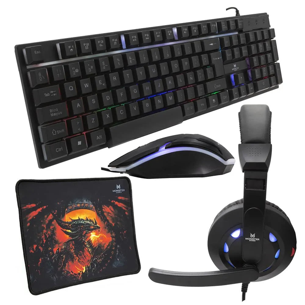 Kit Gamer Teclado Mouse Audífonos Mouse Pad Monster Games 4 en 1 Insertion K4125