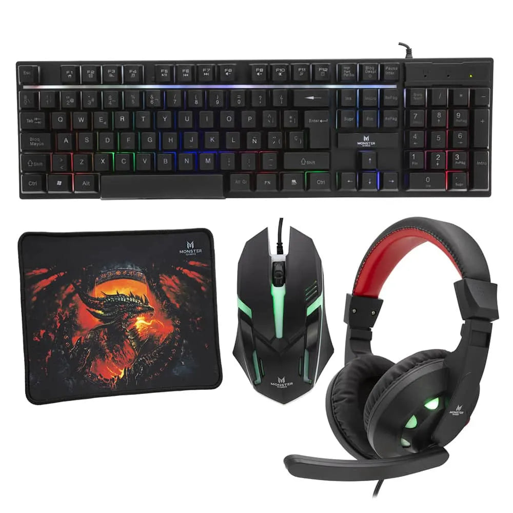Kit Gamer Teclado Mouse Audífonos Mouse Pad Monster Games 4 en 1 Insertion K4125