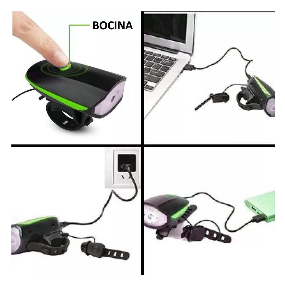 Luz LED Delantera de Bicicleta Recargable USB Color Verde