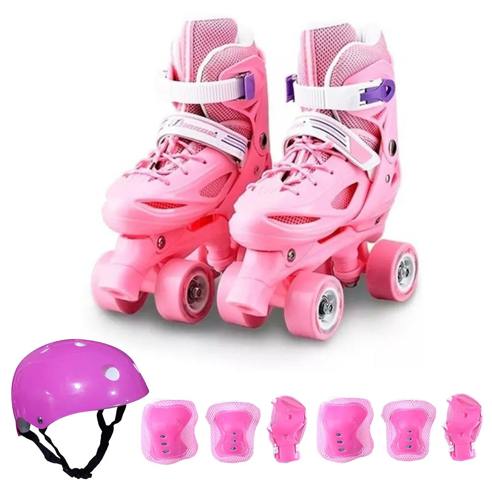 Patin Rosa 4 Ruedas Ajustable + Set Protección Casco Urbano - Talla XS (27-30)