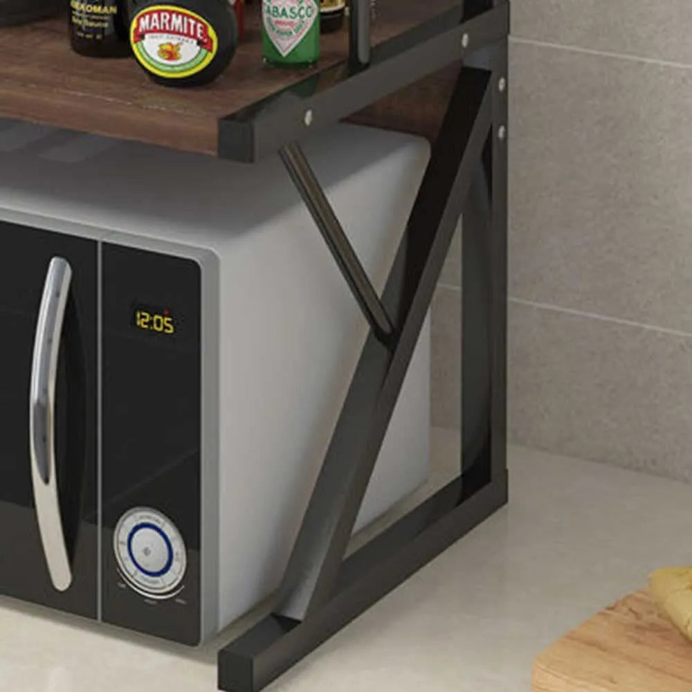 Rack Negro Organizador de Microondas 2 Niveles Color Madera