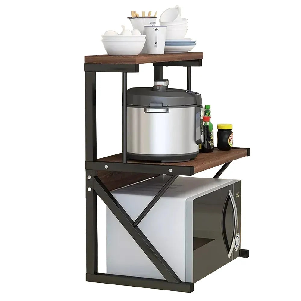 Rack Negro Organizador de Microondas 2 Niveles Color Madera