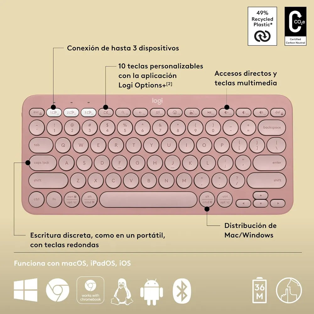 Teclado Inalámbrico Bluetooth Logitech Pebble Keys 2 K380S Rosa