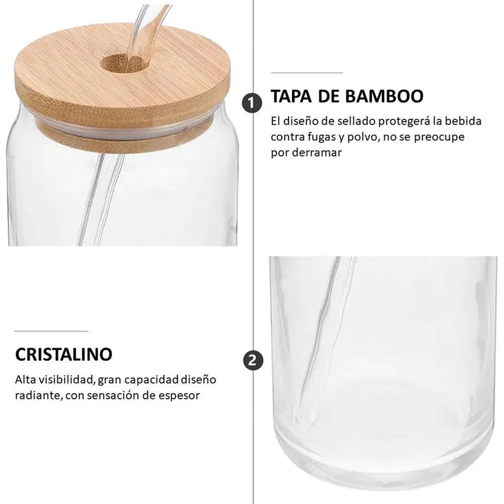 Vaso de Vidrio con Tapa de Bambu y Bombilla de 550ml