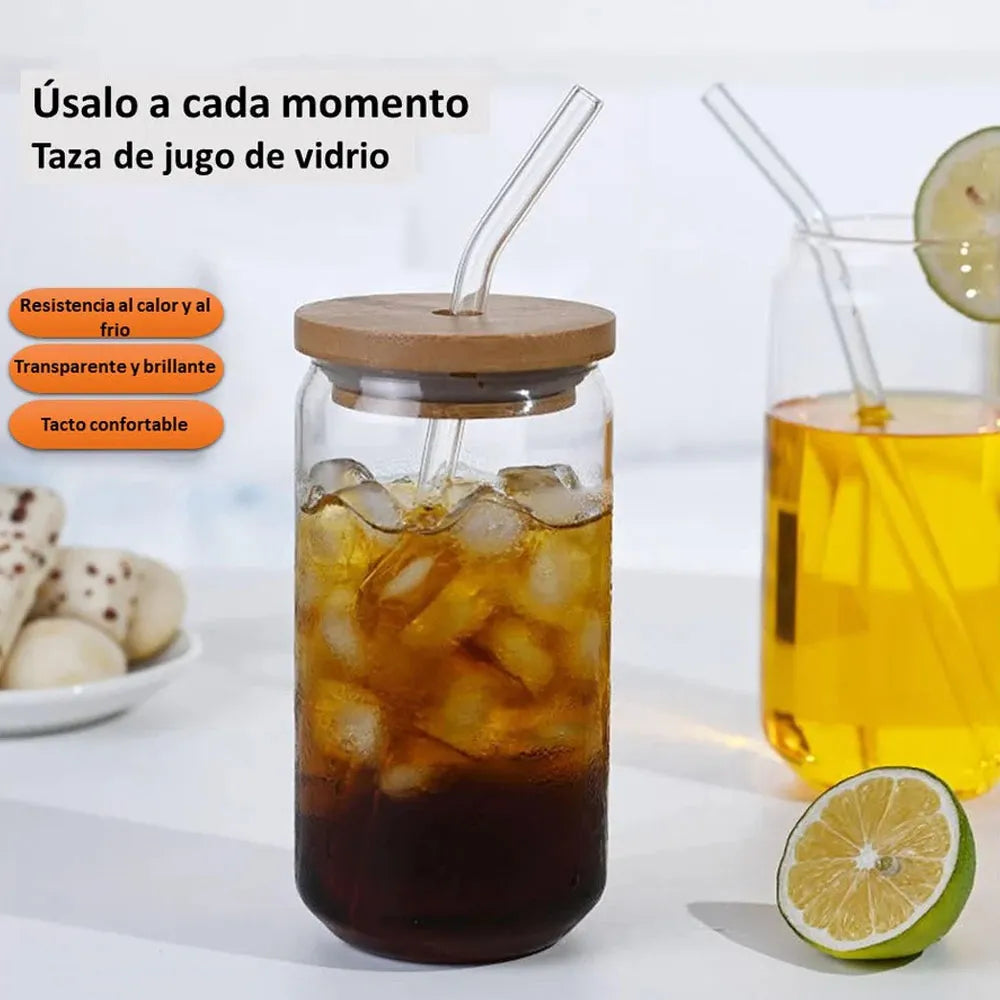 Vaso de Vidrio con Tapa de Bambu y Bombilla de 550ml