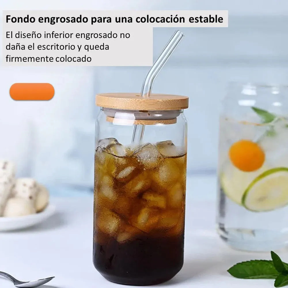 Vaso de Vidrio con Tapa de Bambu y Bombilla de 550ml